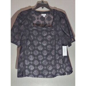 Liz Claiborne, Women's Large Square Neck,‎ Short Sleeve Blouse Black NWT